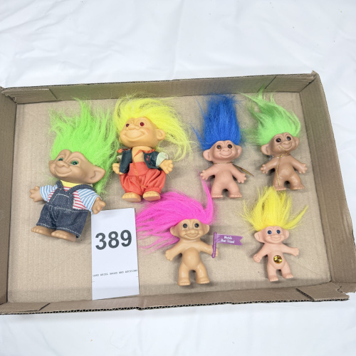 Lot 389: Vintage Troll doll lot, 6 assorted figures with clothing and colorful hair, 1990s