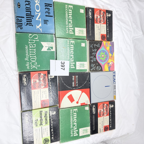 Lot 397: Vintage 7" Reel-to-Reel Tape Lot: Sony, TEAC, Lafayette, Emerald & Shamrock, with recorded music content, 12 reels