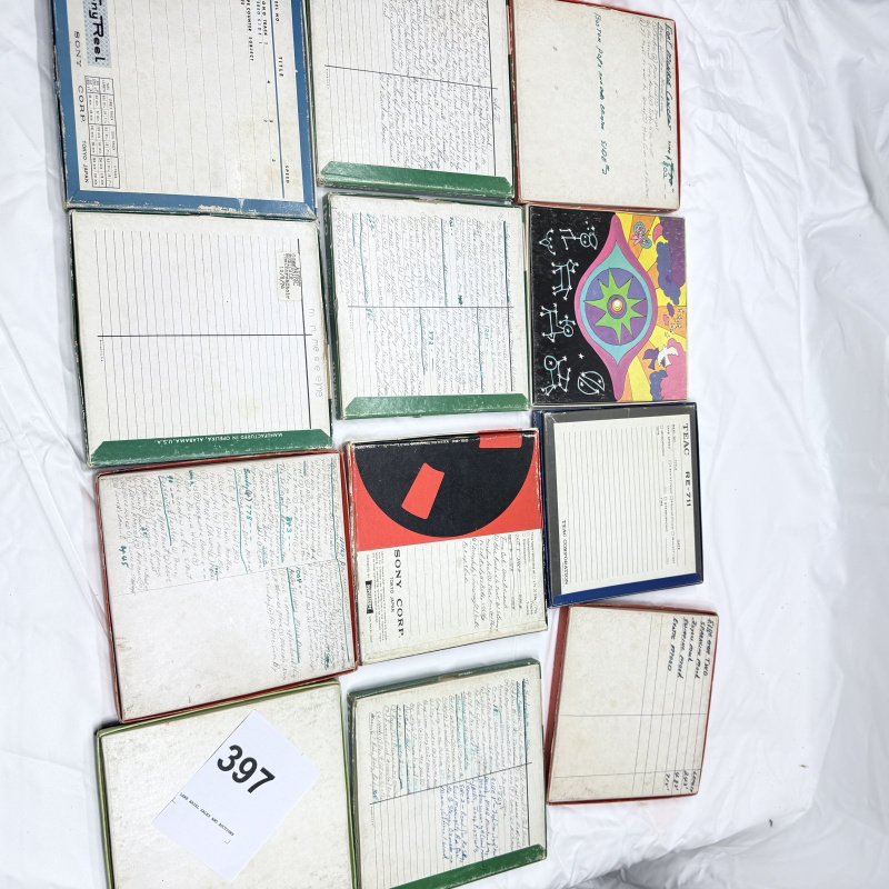 Lot 397: Vintage 7" Reel-to-Reel Tape Lot: Sony, TEAC, Lafayette, Emerald & Shamrock, with recorded music content, 12 reels
