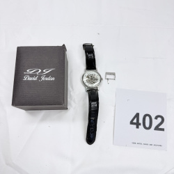 Lot 402: David Jordan "Speed Master 00/57 Professional" men's skeleton automatic watch, black leather strap, with box