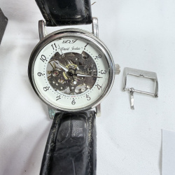 Lot 402: David Jordan "Speed Master 00/57 Professional" men's skeleton automatic watch, black leather strap, with box