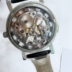Lot 402: David Jordan "Speed Master 00/57 Professional" men's skeleton automatic watch, black leather strap, with box
