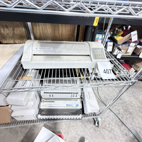 Lot 407: GBC HeatSeal H450 pouch laminator with binding machine and laminating sheets/supplies, office equipment lot