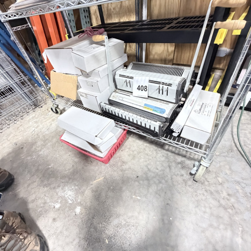 Lot 408: Akiles DuoMac 2-in-1 comb and coil binding machine with assorted binding supply boxes