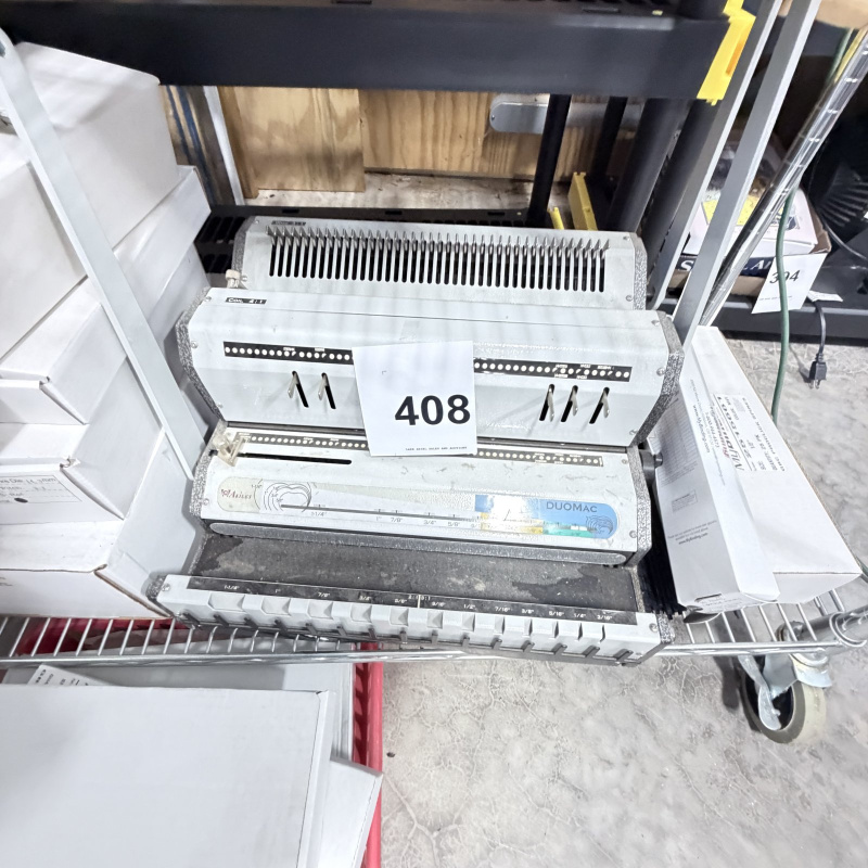 Lot 408: Akiles DuoMac 2-in-1 comb and coil binding machine with assorted binding supply boxes