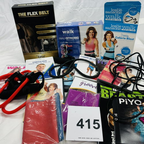 Lot 415: Fitness equipment lot: Flex Belt, Leslie Sansone Walk at Home DVD kits, resistance bands, PiYo, Body Beast, 21 Day Fix DVDs