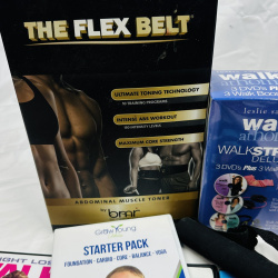 Lot 415: Fitness equipment lot: Flex Belt, Leslie Sansone Walk at Home DVD kits, resistance bands, PiYo, Body Beast, 21 Day Fix DVDs