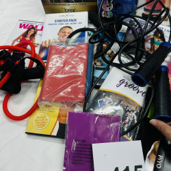 Lot 415: Fitness equipment lot: Flex Belt, Leslie Sansone Walk at Home DVD kits, resistance bands, PiYo, Body Beast, 21 Day Fix DVDs