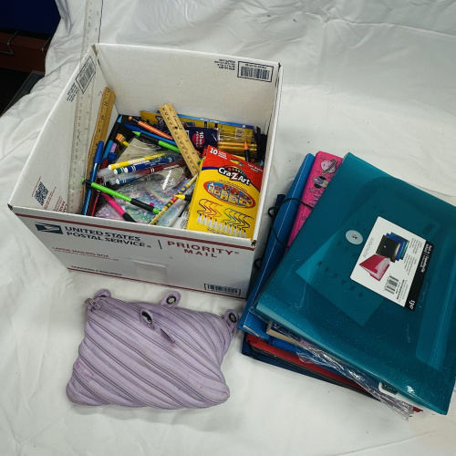 Lot 420: Bulk school supply lot: pens, pencils, Cra-Z-Art markers, rulers, folders & binders, plus zip pencil pouch