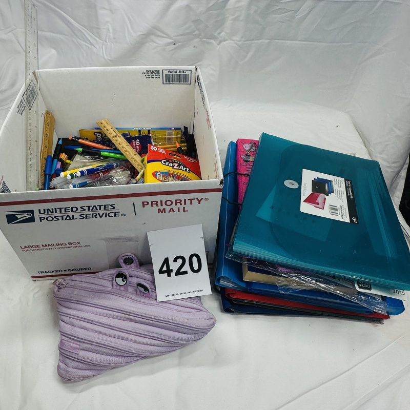 Lot 420: Bulk school supply lot: pens, pencils, Cra-Z-Art markers, rulers, folders & binders, plus zip pencil pouch