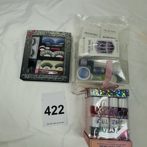 Lot 422: Cosmetics lot: KISS Eyelash Kit "Create the Look" Glam Girl Palette, False Nail Press-On Nail sets, KISS Acrylic Nail Kit, Simple Pleasures "Shine All The Way" 14-piece Nail Polish Collection