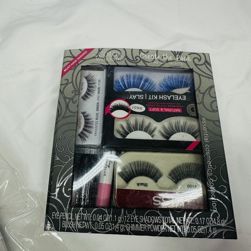 Lot 422: Cosmetics lot: KISS Eyelash Kit "Create the Look" Glam Girl Palette, False Nail Press-On Nail sets, KISS Acrylic Nail Kit, Simple Pleasures "Shine All The Way" 14-piece Nail Polish Collection