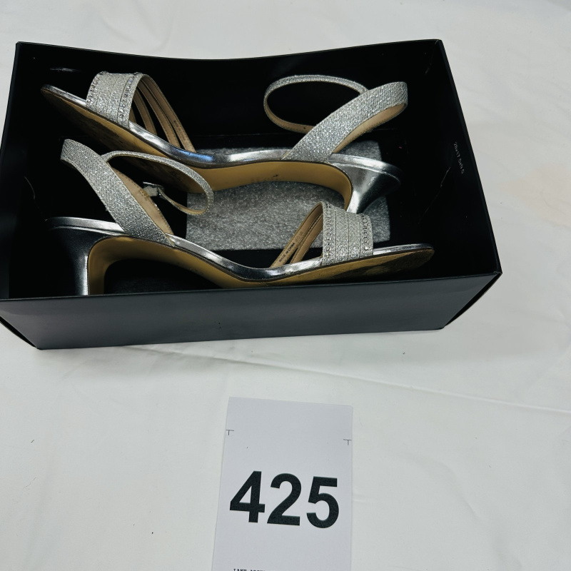Lot 425: Silver glitter rhinestone strappy sandal heels, women's size 9.5W (EUR 39.5), composition leather sole