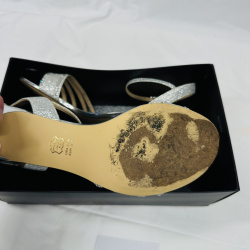 Lot 425: Silver glitter rhinestone strappy sandal heels, women's size 9.5W (EUR 39.5), composition leather sole