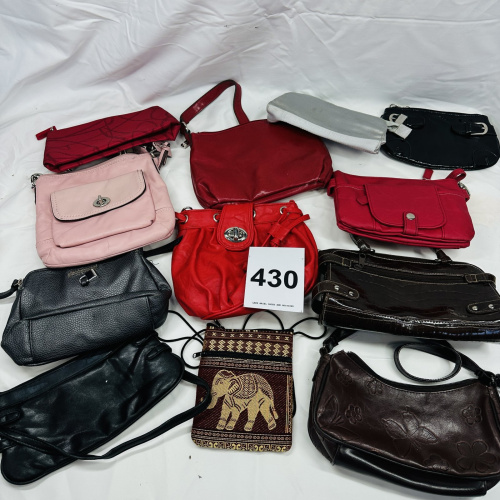 Lot 430: Vintage women's handbag and purse lot, assorted styles including elephant motif crossbody, 12 pieces