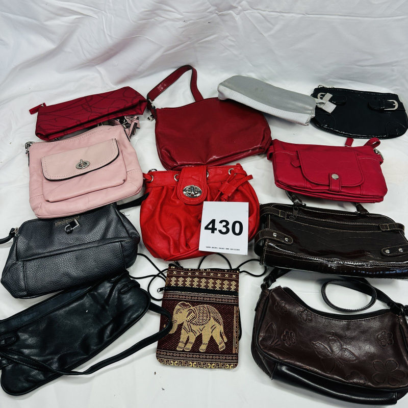 Lot 430: Vintage women's handbag and purse lot, assorted styles including elephant motif crossbody, 12 pieces