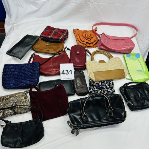 Lot 431: Assorted vintage handbags, purses and wallets collection, mixed leather and fabric styles, 17 pieces