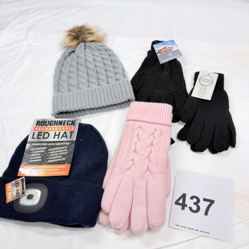 Lot 437: Winter accessories lot: Roughneck Rechargeable LED Beanie, cable-knit pom hat, Winterlace & Moda West gloves, 3M Thinsulate Ultra gloves