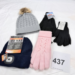 Lot 437: Winter accessories lot: Roughneck Rechargeable LED Beanie, cable-knit pom hat, Winterlace & Moda West gloves, 3M Thinsulate Ultra gloves
