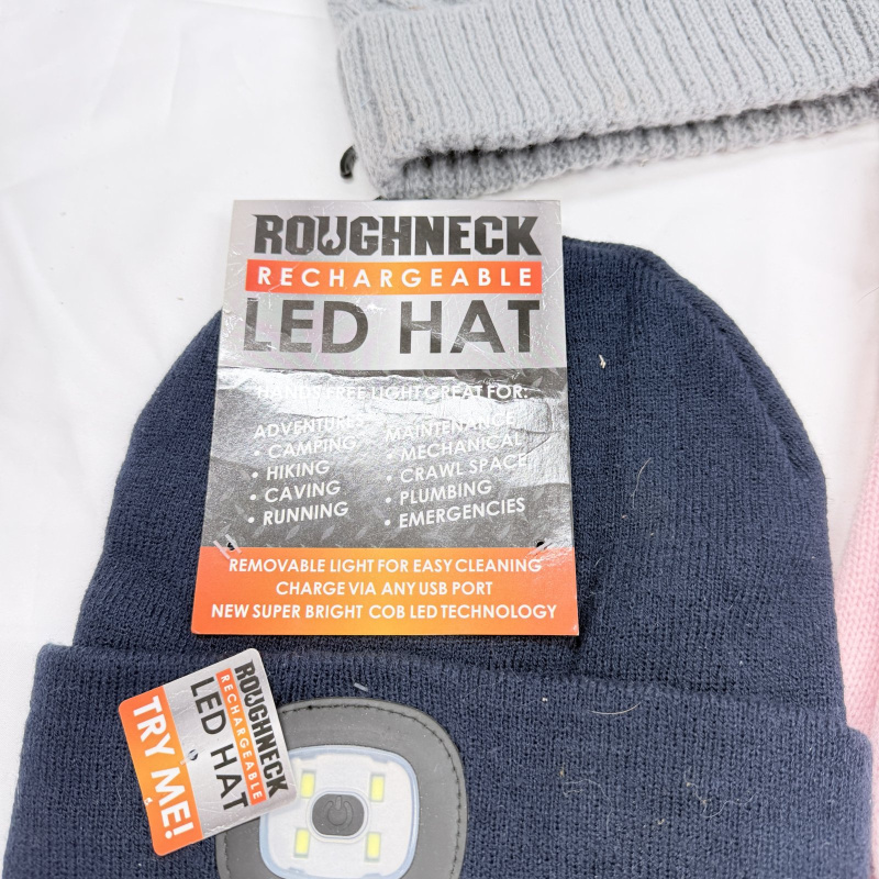 Lot 437: Winter accessories lot: Roughneck Rechargeable LED Beanie, cable-knit pom hat, Winterlace & Moda West gloves, 3M Thinsulate Ultra gloves