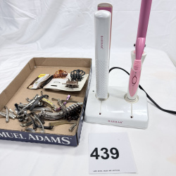 Lot 439: BarBar flat iron & curling iron with charging stand, plus hair clip/barrette accessory lot