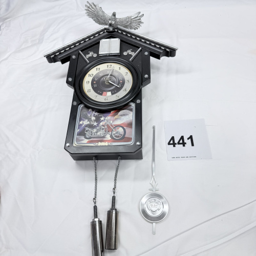 Lot 441: 2008 Bradford Exchange "Time of Freedom" Cuckoo Clock, limited edition eagle & motorcycle wall clock No. A6063