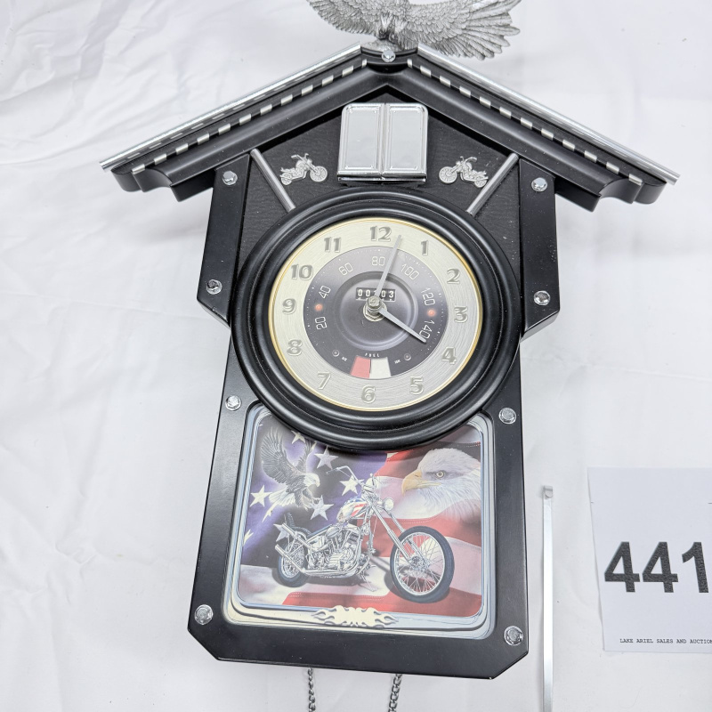 Lot 441: 2008 Bradford Exchange "Time of Freedom" Cuckoo Clock, limited edition eagle & motorcycle wall clock No. A6063