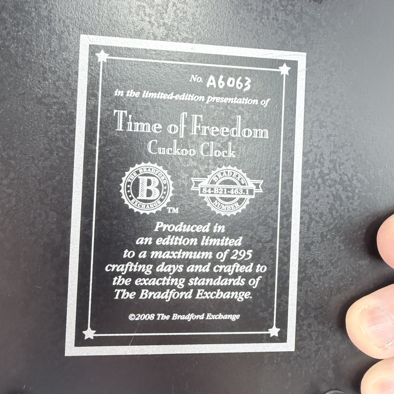 Lot 441: 2008 Bradford Exchange "Time of Freedom" Cuckoo Clock, limited edition eagle & motorcycle wall clock No. A6063