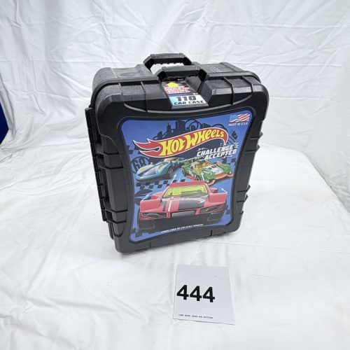 Lot 444: Hot Wheels "Challenge Accepted" 110 Car Case, rolling storage carrying case with 4 diecast cars, Made in USA