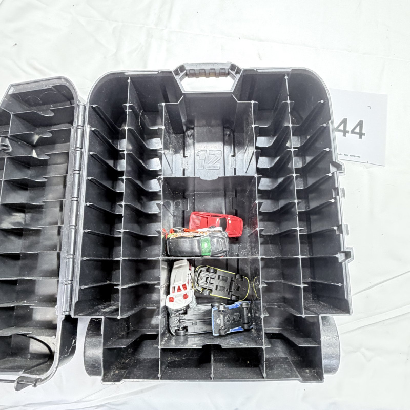 Lot 444: Hot Wheels "Challenge Accepted" 110 Car Case, rolling storage carrying case with 4 diecast cars, Made in USA