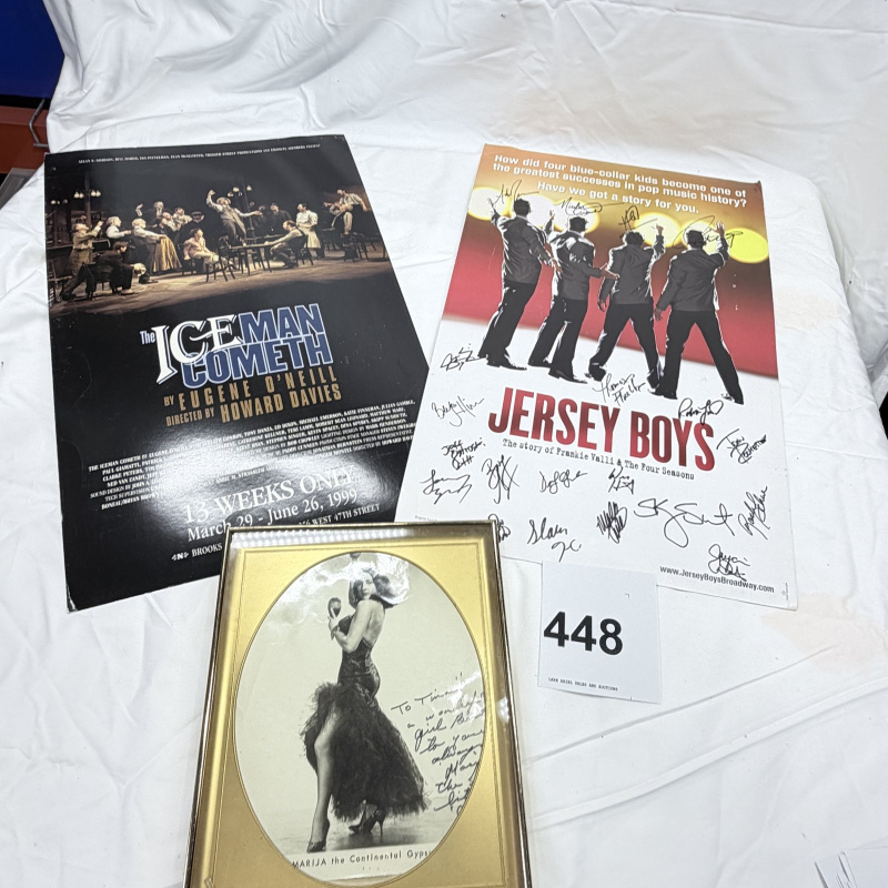 Lot 448: Broadway memorabilia lot: "The Iceman Cometh" 1999 theatre poster, cast-signed "Jersey Boys" poster, and framed inscribed photo of "Marija the Continental Gypsy