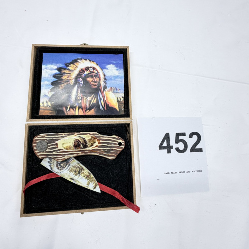 Lot 452: Wild Buffalo Native American Chief bone-handle folding knife with display box, Indian Head design