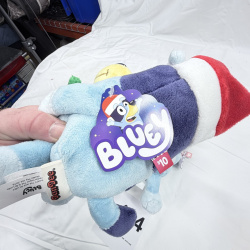 Lot 454: DamDee Bluey Holiday plush set, Bluey & Bandit Santa hats with holly, 4 pieces