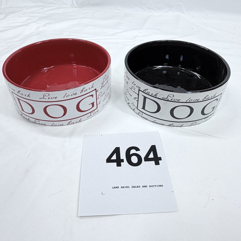 Live Love Bark" ceramic DOG bowl set with cast metal "Woof" wall hook rack, 3-piece pet decor lot