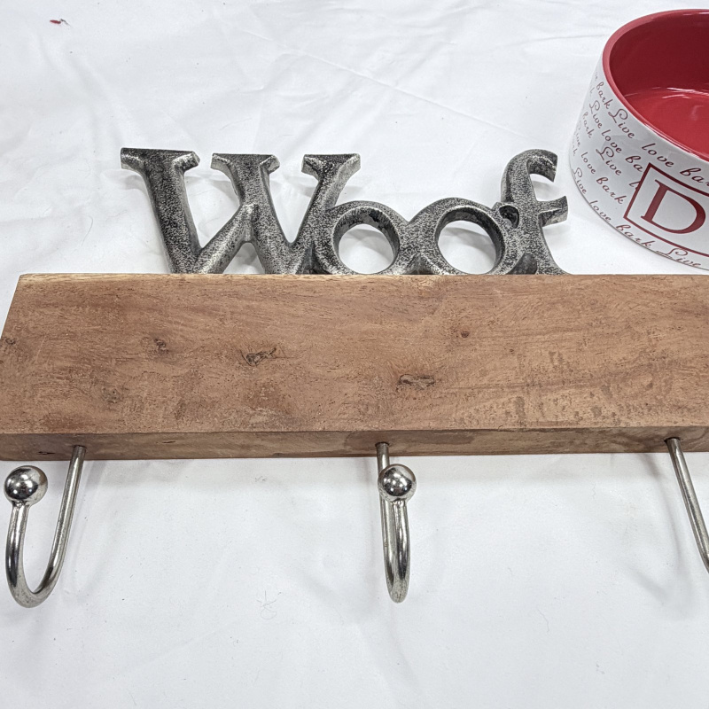 Live Love Bark" ceramic DOG bowl set with cast metal "Woof" wall hook rack, 3-piece pet decor lot