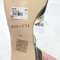 Lot 465: RW & Co. gold and pewter T-strap flat sandals, size 8.5, with box