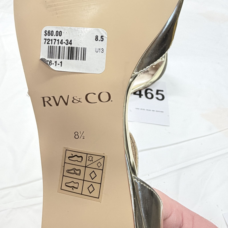 Lot 465: RW & Co. gold and pewter T-strap flat sandals, size 8.5, with box