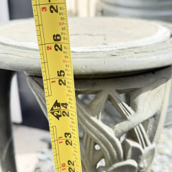 Lot 654: Vintage cast aluminum tri-leg plant stand with floral motif and stone/tile inset top, garden fern & flower design