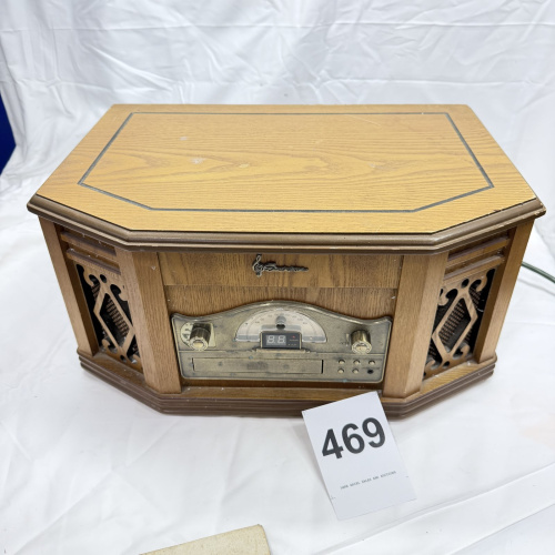 Lot 469: Emerson octagonal wood cabinet stereo console, AM/FM radio, CD player & cassette deck combo