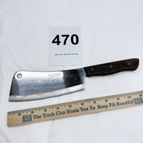 Lot 470: Vintage Rogers Co. Stainless Steel meat cleaver, Japan, wood handle with brass rivets