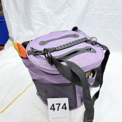 Lot 474: Knitting/crochet tote bag with yarn, crochet hooks, and knitting needles, purple crafter's project bag