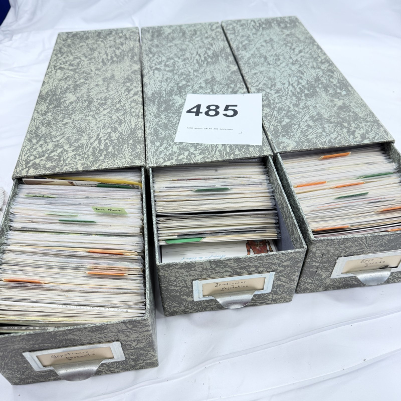 Lot 485: Vintage handwritten & clipped recipe card collection, 3 file boxes with tabbed dividers (Appetizers-Desserts, Sandwiches-Vegetables, Salads)