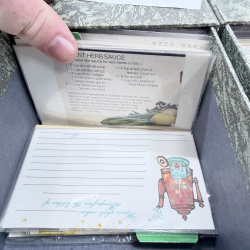 Lot 485: Vintage handwritten & clipped recipe card collection, 3 file boxes with tabbed dividers (Appetizers-Desserts, Sandwiches-Vegetables, Salads)