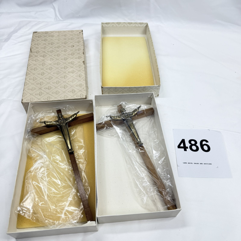 Lot 486: Vintage risen Christ wall crucifixes, wood and metal, pair in original boxes
