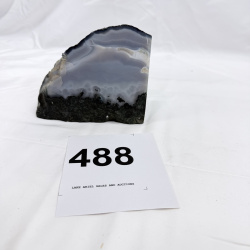 Lot 488: Polished banded agate slice with natural druzy matrix base, mineral specimen bookend/paperweight