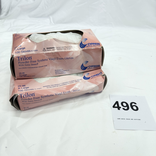 Lot 496: Cypress Medical Products Trilon Powder Free Synthetic Vinyl Exam Gloves, X-Large 100ct boxes (lot of 2), Model 25-98