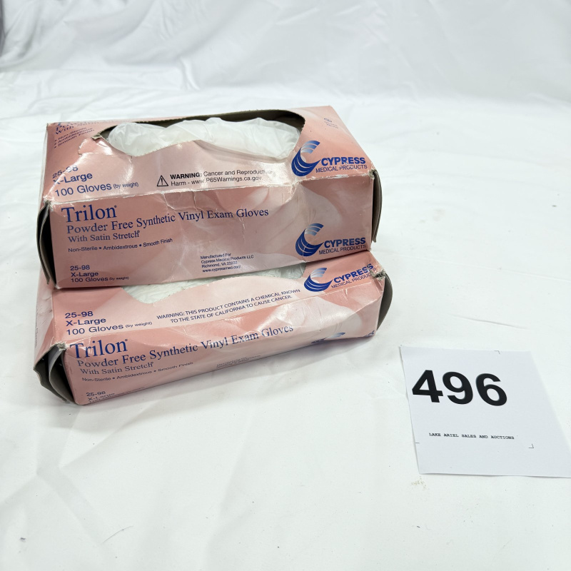 Lot 496: Cypress Medical Products Trilon Powder Free Synthetic Vinyl Exam Gloves, X-Large 100ct boxes (lot of 2), Model 25-98