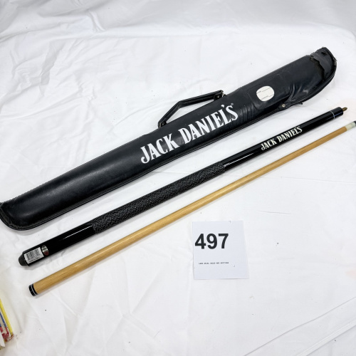 Lot 497: Jack Daniel's promotional pool cue with black leather-style hard case, 2-piece billiards cue