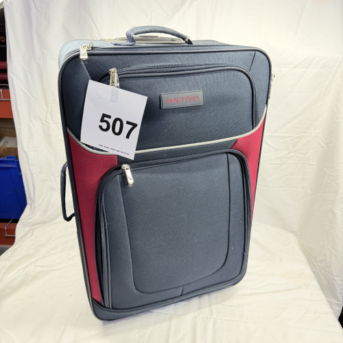 Lot 507: Nautica gray and red softside upright suitcase, wheeled luggage with retractable handle