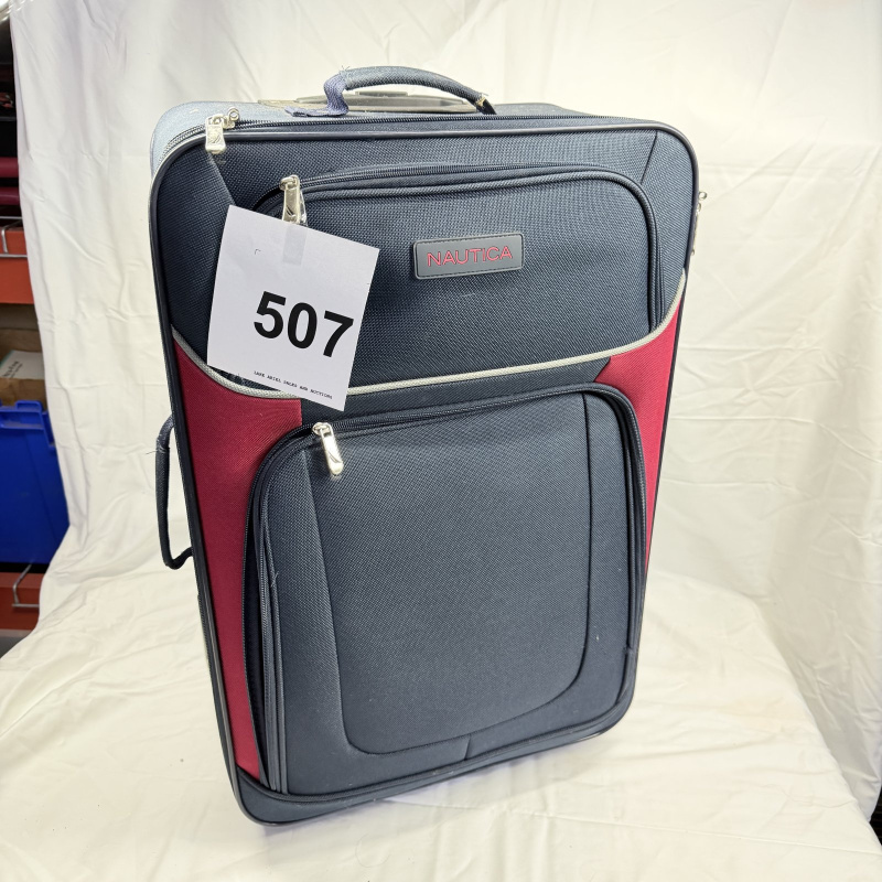 Lot 507: Nautica gray and red softside upright suitcase, wheeled luggage with retractable handle